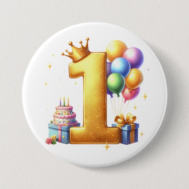 Bóton Redondo 7.62cm Aniversário de 1 ano Dourado (Frente)