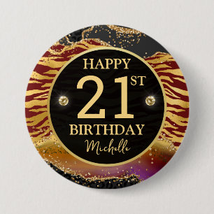 Bóton Redondo 7.62cm Aniversário de 21 anos Safari Jungle Ágata Dourado