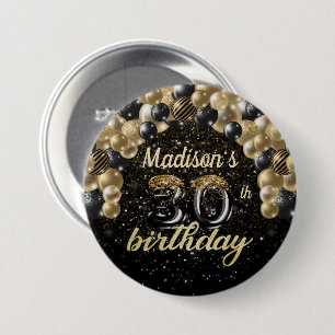 Bóton Redondo 7.62cm aniversário de 30 anos Black Dourado Balloon Glit