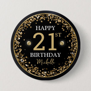Bóton Redondo 7.62cm Aniversário de Confetes Brilhantes Preto e Dourado