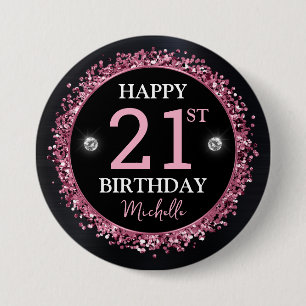 Bóton Redondo 7.62cm Aniversário de Confetes Brilhantes Preto e Rosa