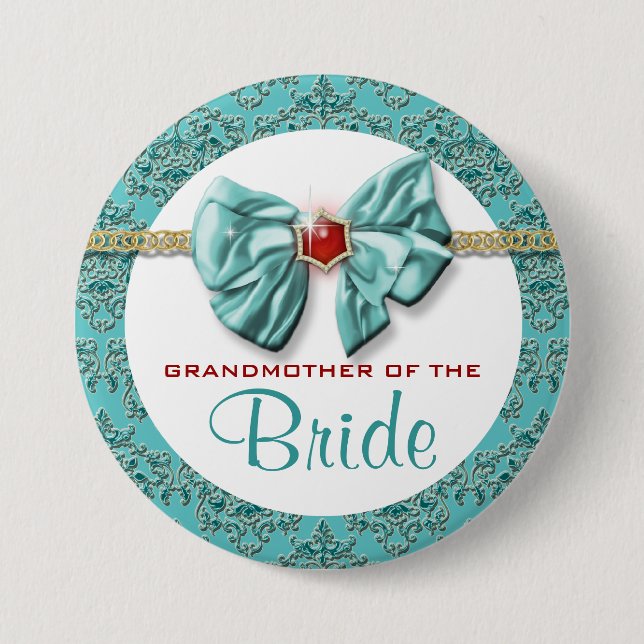 Bóton Redondo 7.62cm Aqua red gold damask "bridal button" (Frente)