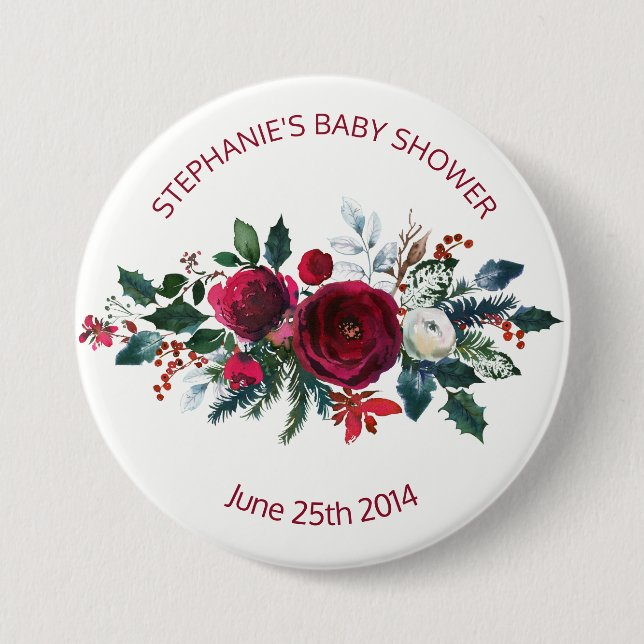 Bóton Redondo 7.62cm Aquarela Flores de Borgonha de inverno (Frente)