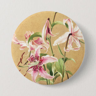 Bóton Redondo 7.62cm Arte Floral Botânica de Lírio Oriental Rosa Vintag