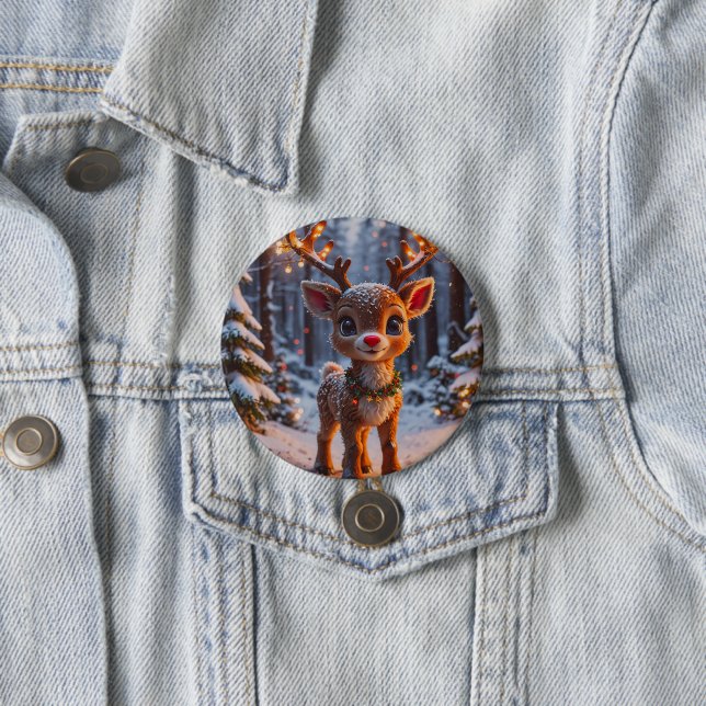 Bóton Redondo 7.62cm Bebê Reindeer Na Floresta De Neve (In Situ)