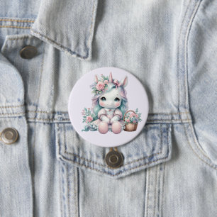 Bóton Redondo 7.62cm Boneca Pastel Kawaii Unicórnio com Cesto de Flores
