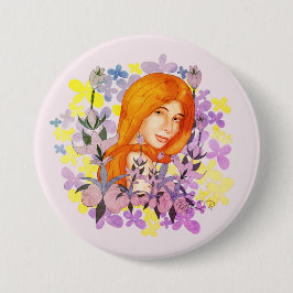 Bóton Redondo 7.62cm Bonita ruiva no jardim. Aquarela