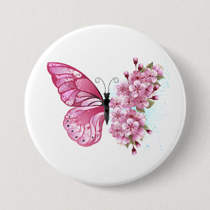Bóton Redondo 7.62cm Borboleta Flor com Sakura Rosa