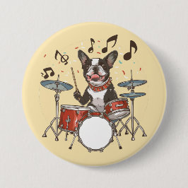 Bóton Redondo 7.62cm Boston Terrier Dog Playing Drums