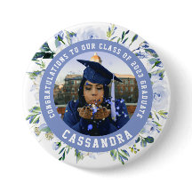 Botão de Foto de Graduação Floral Rosa Azul