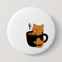 Botão de Gato Café Fofo – Gato Ruivo em uma Xícara