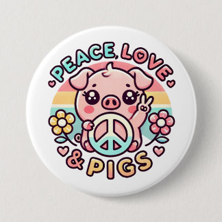Bóton Redondo 7.62cm Botão Peace Love & Pigs