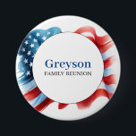 Bóton Redondo 7.62cm Botões de Reunião da Família Branco Vermelho e Tem<br><div class="desc">Celebre sua próxima família se reúna com esses botões de reunião de família personalizados, com uma bela cor d'água design de bandeira americana em vermelho, branco e azul. Perfeito como crachás de manutenção da reunião da família, esses pinos são um complemento significativo e divertido para o seu trapo de reunião...</div>