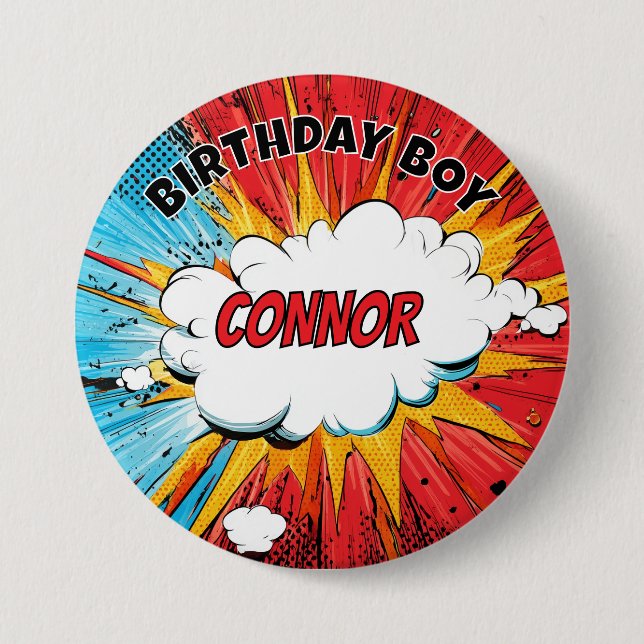 Bóton Redondo 7.62cm Boys Superhero Birthday Boy Personalised Badge (Frente)