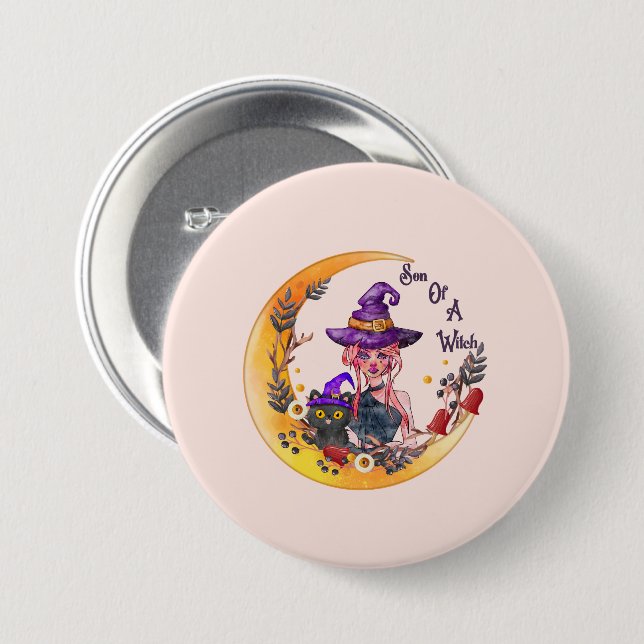 Bóton Redondo 7.62cm Bruxa e Gato Negro (Frente & Verso)