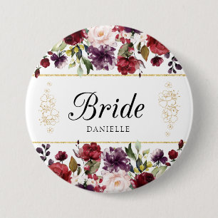 Bóton Redondo 7.62cm Burgundy Bliss Lovely Floral Bride Monogrammed Pin