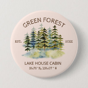 Bóton Redondo 7.62cm Cabana Lodge Aquarela Floresta Verde Nebulosa Vint