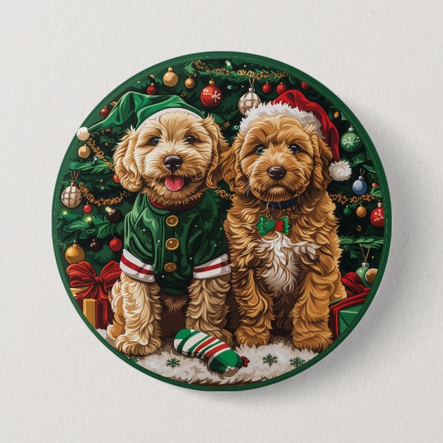 Bóton Redondo 7.62cm Cachorro de Goldendoodle de Natal (Frente)