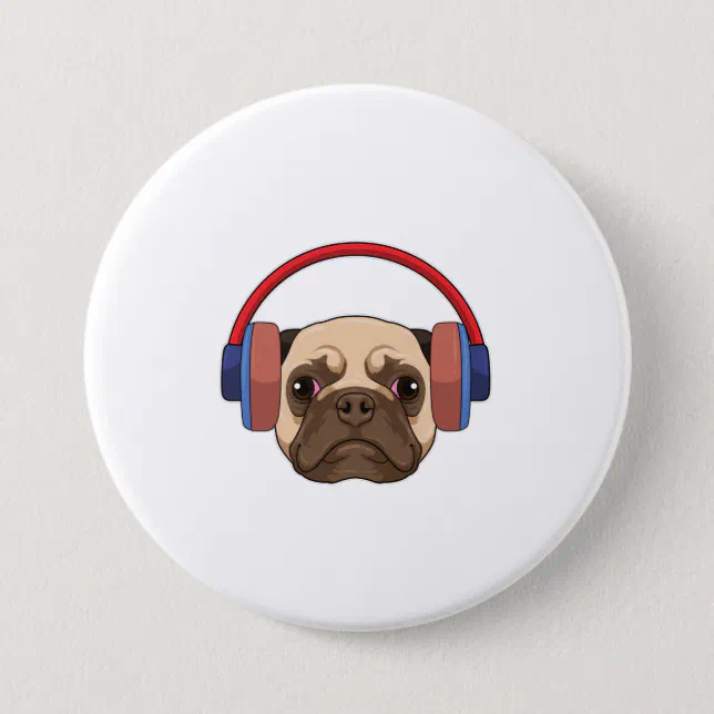 Bóton Redondo 7.62cm Cachorro em Música com Fone de Ouvido