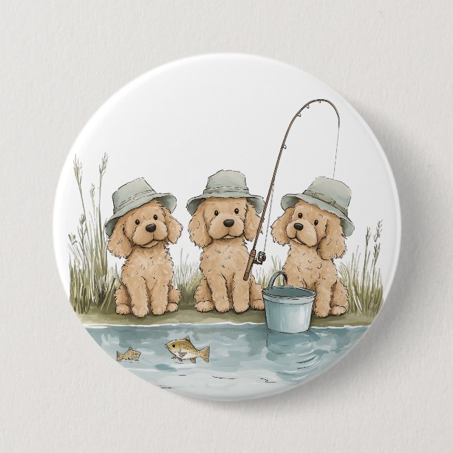 Bóton Redondo 7.62cm Cães Goldendoodle Pescando (Frente)
