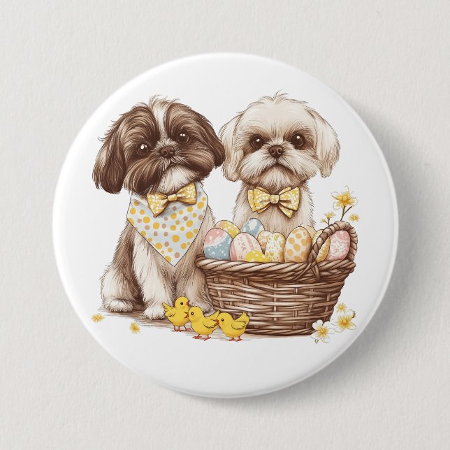 Bóton Redondo 7.62cm Cães Shih Tzu de Páscoa (Frente)