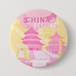 Bóton Redondo 7.62cm Cartaz de Viagem de Pequim China   Arte Rosa e Ama