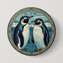Bóton Redondo 7.62cm Casal de Pinguins Inverno Neve Oceano Azul Geleira
