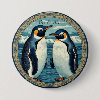 Bóton Redondo 7.62cm Casal de Pinguins Inverno Neve Oceano Azul Geleira