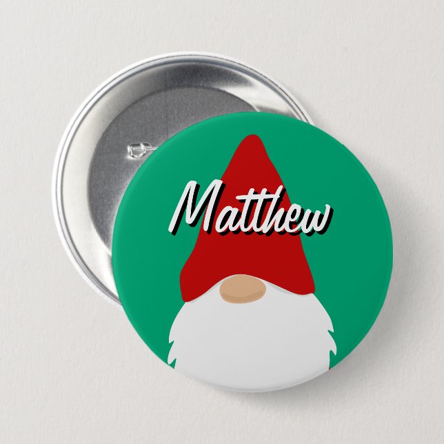 Bóton Redondo 7.62cm Christmas party name buttons with cute gnome (Frente & Verso)