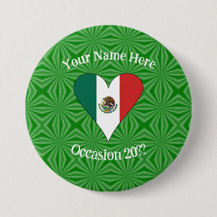 Bóton Redondo 7.62cm Coração da Bandeira Mexicana Fundo Verde Personali