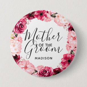 Bóton Redondo 7.62cm Coroa Floral Rosa e Borgonha Mãe do Noivo