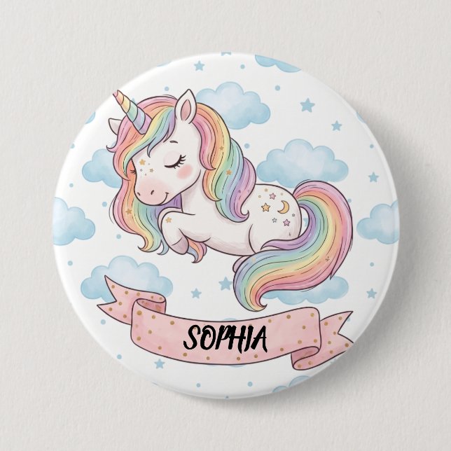 Bóton Redondo 7.62cm Cute Pastel Rainbow Unicorn Clouds Personalized (Frente)