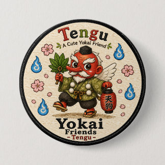 Bóton Redondo 7.62cm Cute Tengu Japanese Yokai Folklore Character