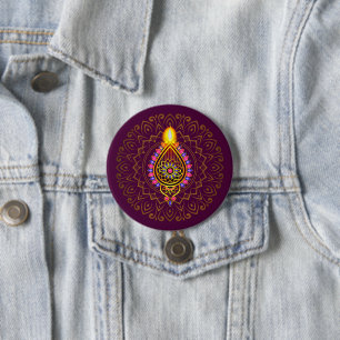 Bóton Redondo 7.62cm Diwali Jeweled Diya Candle Design Mandala Purple