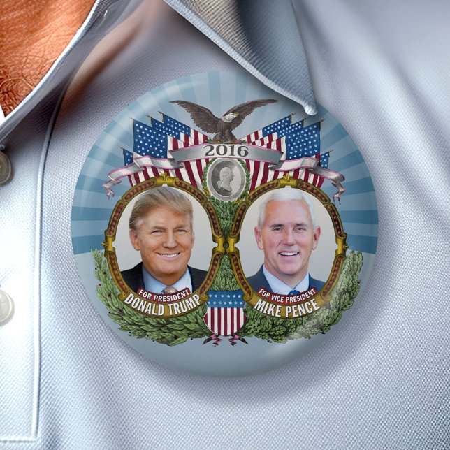Bóton Redondo 7.62cm Donald Trump e Mike Pence Jugate Foto Design Azul (Collectible Campaign Button - 2016 Election Trump Pence)