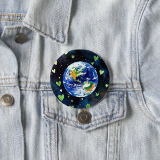 Bóton Redondo 7.62cm Earth Love Button - Planet with Green Hearts Pin
