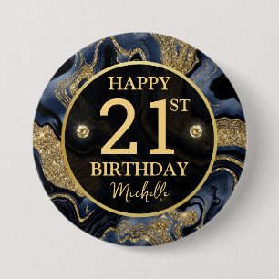 Bóton Redondo 7.62cm Elegante Azul Marinho e Brilho Dourado Aniversário