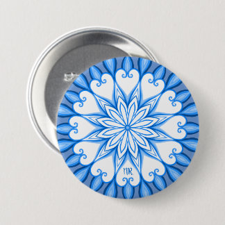 Bóton Redondo 7.62cm Elegante, branco estético e azul, Mandala, monogra