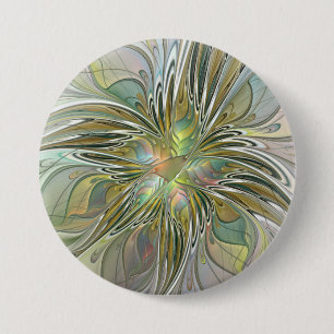 Bóton Redondo 7.62cm Fantasia Floral Arte Fractal Moderna Flor Com Ouro