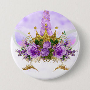 Bóton Redondo 7.62cm Fantasia Roxa e Estrelas Ouros Unicórnio