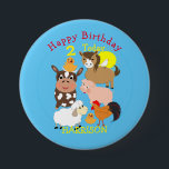 Bóton Redondo 7.62cm Farm Animal Themed Kids Birthday Party<br><div class="desc">A cute happy birthday button for all those kids who love animals or maybe you're having a birthday party at a farm park. A fun happy cheerful design with cute whimsical cow, horse, pig, sheep, rooster and little ducks. Don't forget to change the name, age and message there's no extra...</div>