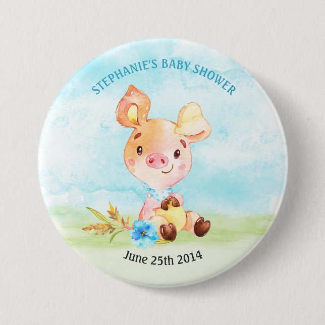 Bóton Redondo 7.62cm Fazenda Chá de fraldas de Porquinho de Aquarela (Frente)