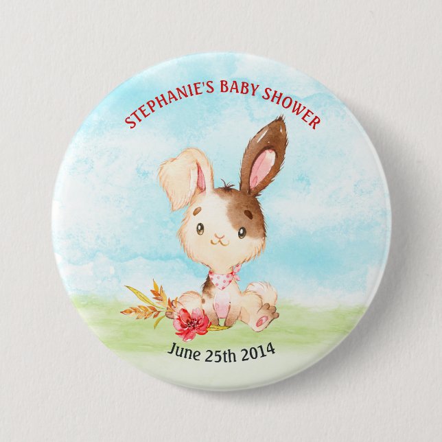 Bóton Redondo 7.62cm Fazenda de Chá de fraldas de coelho com aquarela (Frente)