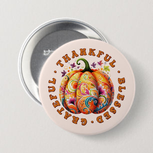 Bóton Redondo 7.62cm Feliz, Abençoado, Grata Pumpkin Floral