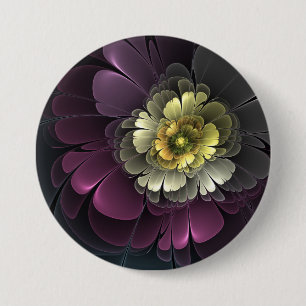 Bóton Redondo 7.62cm Flor de Fractal Abstrato Moderno Purpur Khaki Cinz