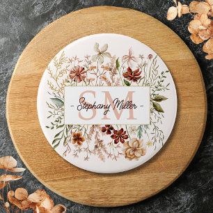 Bóton Redondo 7.62cm Floral Silvestre Outonal de Aquarela com Monograma