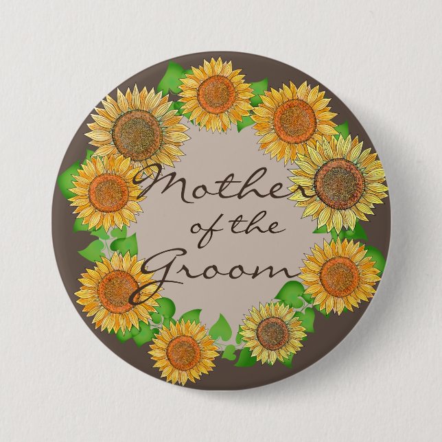 Bóton Redondo 7.62cm Floral Sunflower Rustic Taupe Mãe do Groom (Frente)