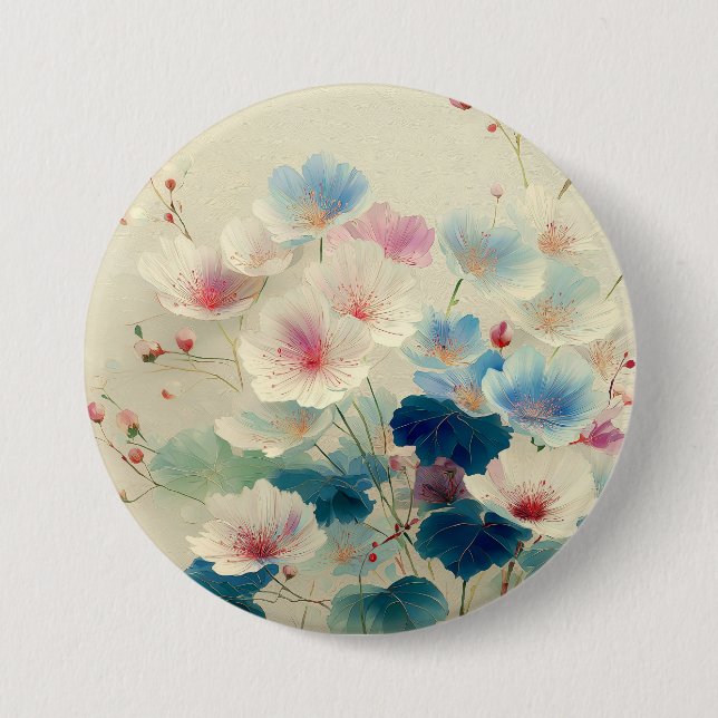 Bóton Redondo 7.62cm Flores em Flor - Arte Botânica em Pastéis Suaves # (Frente)