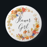 Bóton Redondo 7.62cm Florista das abóboras das folhas de outono<br><div class="desc">Nosso botão da festa de casamento do florista do outono caracteriza as folhas de outono bonitas & as abóboras envolvem-se com um roteiro rotulado mão.
 Visite nossa loja para ver nossas folhas da queda & coleção da abóbora.</div>