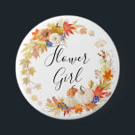 Bóton Redondo 7.62cm Florista das abóboras das folhas de outono<br><div class="desc">Nosso botão da festa de casamento do florista do outono caracteriza as folhas de outono bonitas & as abóboras envolvem-se com um roteiro rotulado mão.
 Visite nossa loja para ver nossas folhas da queda & coleção da abóbora.</div>